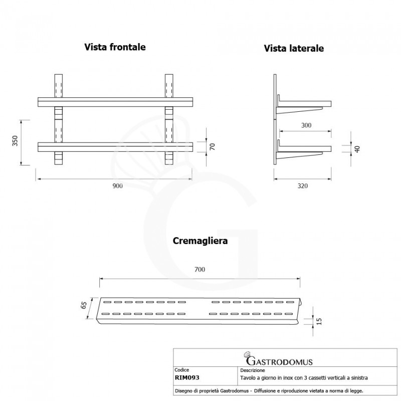 Mensola in acciaio inox doppia, L 900 mm x P 300 mm x H 700 mm