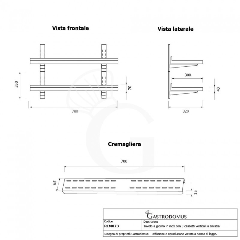 Ripiano in acciaio inox doppio, L 700 mm x P 300 mm x H 700 mm