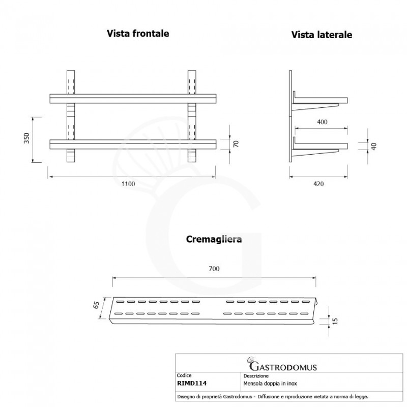 Ripiano in acciaio inox doppio, L 1100 mm x P 400 mm x H 700 mm