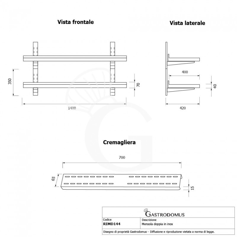 Mensola in acciaio inox doppia, L 1400 mm x P 400 mm x H 700 mm