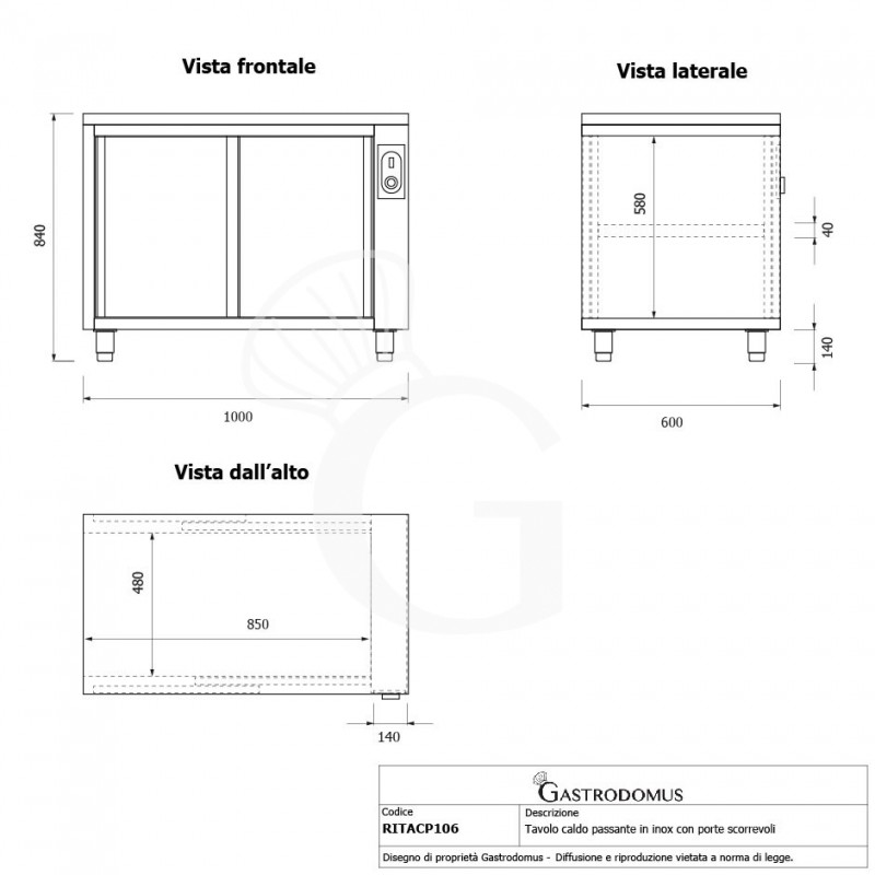 Tavolo caldo passante in acciaio inox con porte scorrevoli, L 1000 mm x P 600 mm x H 850 mm