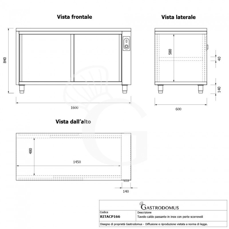 Tavolo caldo passante in acciaio inox con porte scorrevoli, L 1600 mm x P 600 mm x H 850 mm- tecnico
