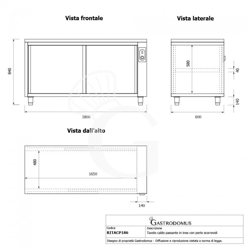 Tavolo caldo passante in acciaio inox con porte scorrevoli, L 1800 mm x P 600 mm x H 850 mm - tecnico