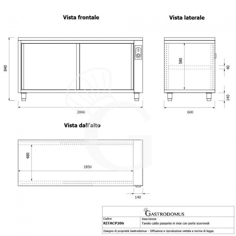 Tavolo caldo passante in acciaio inox con porte scorrevoli, L 2000 mm x P 600 mm x H 850 mm - tecnico