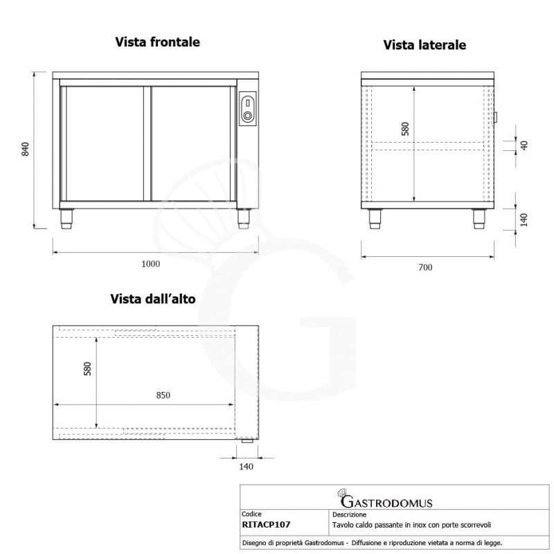 Tavolo caldo passante in acciaio inox con porte scorrevoli, L 1000 mm x P 700 mm x H 850 mm - tecnico