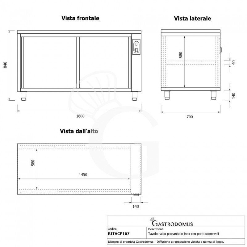 Tavolo caldo passante in acciaio inox con porte scorrevoli, L 1600 mm x P 700 mm x H 850 mm - tecnico