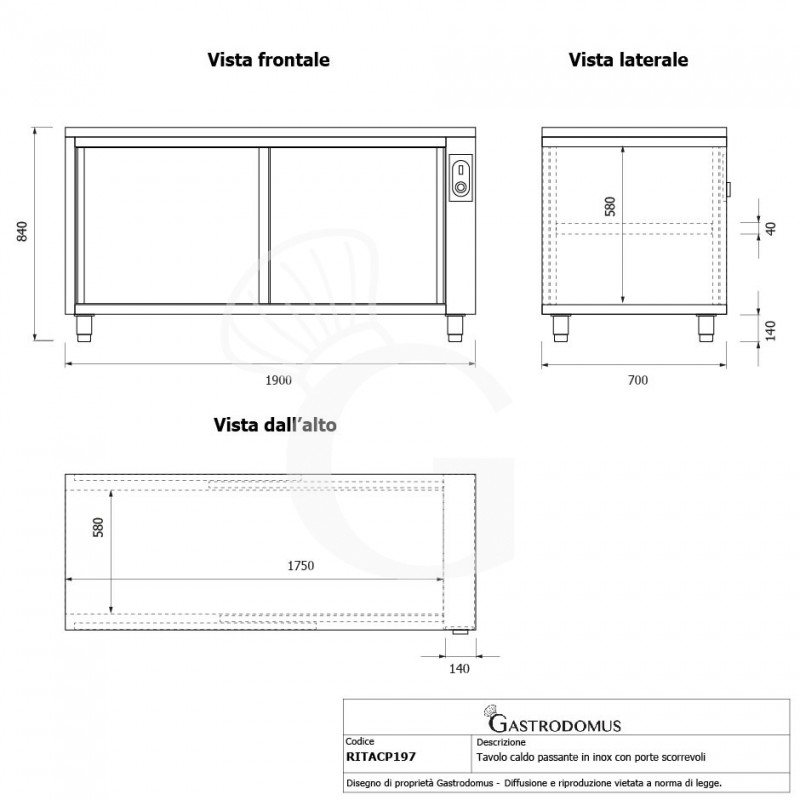 Tavolo caldo passante in acciaio inox con porte scorrevoli, L 1900 mm x P 700 mm x H 850 mm - tecnico