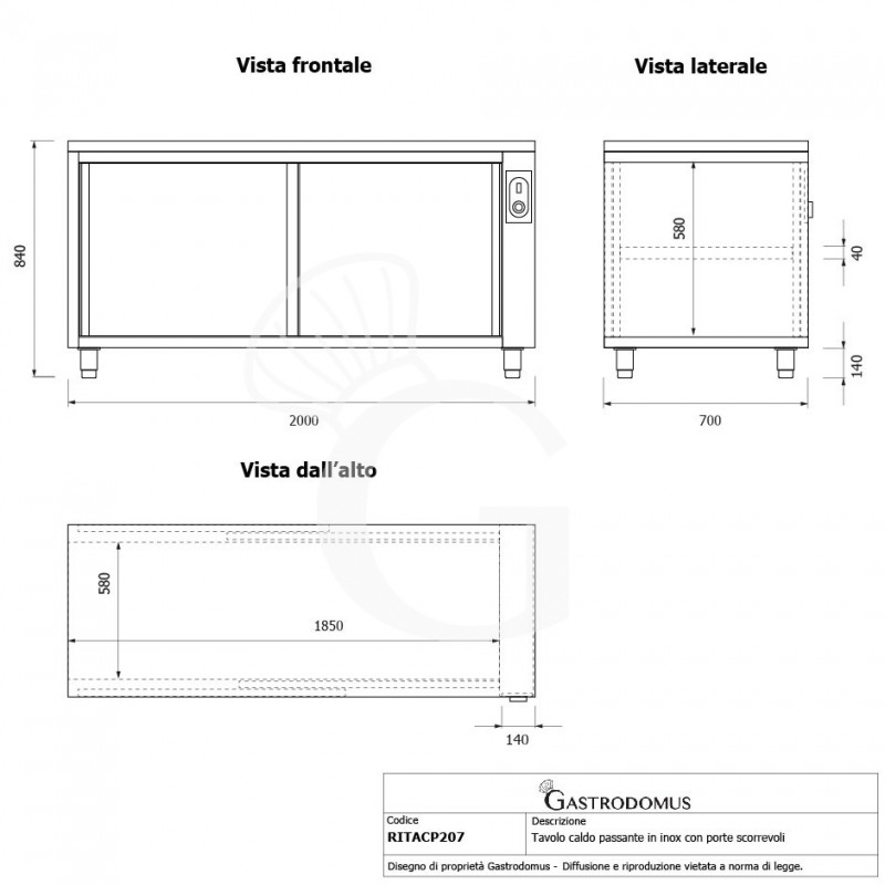 Tavolo caldo passante in acciaio inox con porte scorrevoli, L 2000 mm x P 700 mm x H 850 mm - tecnico