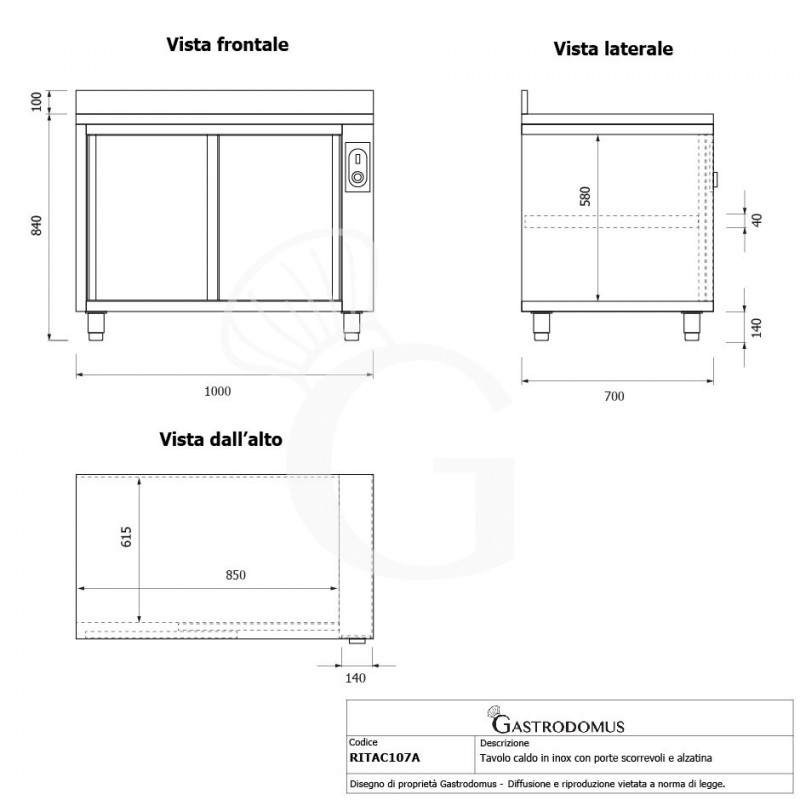 Tavolo caldo in acciaio inox porte scorrevoli, alzatina, L 1000 mm x P 700 mm x H 950 mm