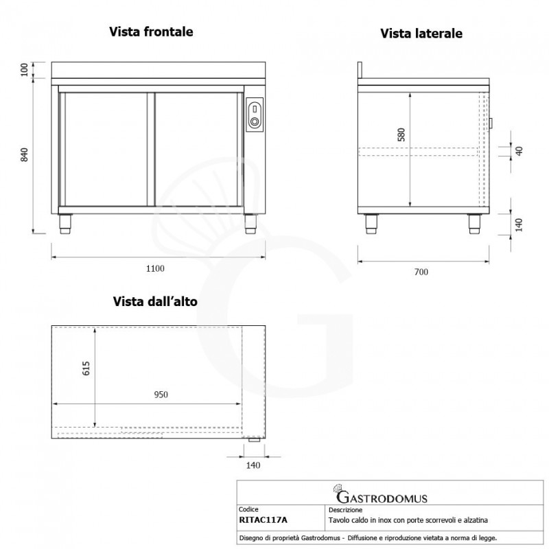 Tavolo caldo in acciaio inox porte scorrevoli, alzatina, L 1100 mm x P 700 mm x H 950 mm
