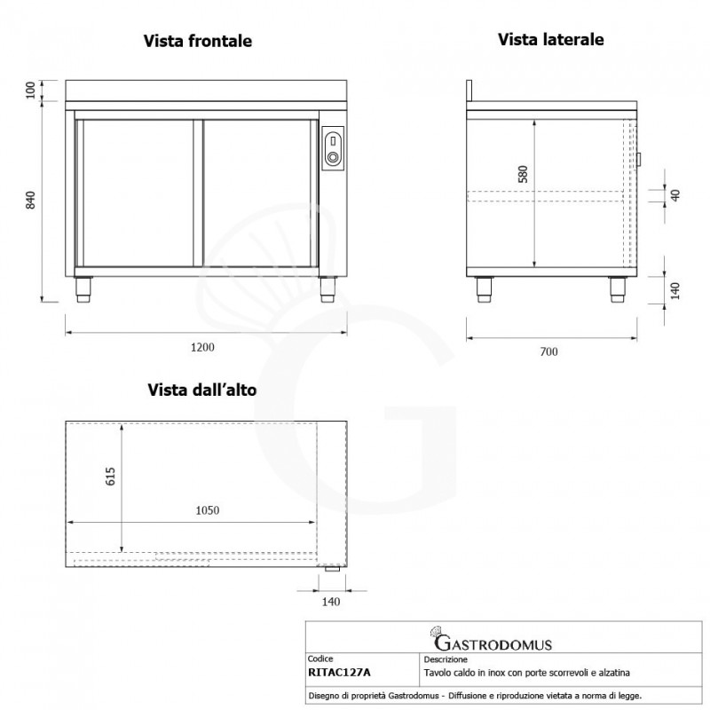 Tavolo caldo in acciaio inox porte scorrevoli, alzatina, L 1200 mm x P 700 mm x H 950 mm