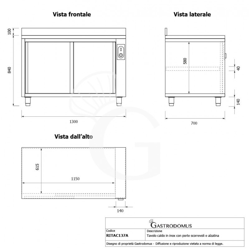 Tavolo caldo in acciaio inox porte scorrevoli, alzatina, L 1300 mm x P 700 mm x H 950 mm