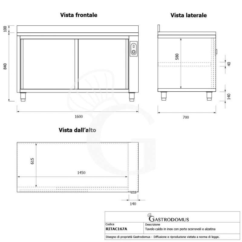 Tavolo caldo in acciaio inox porte scorrevoli, alzatina, L 1600 mm x P 700 mm x H 950 mm