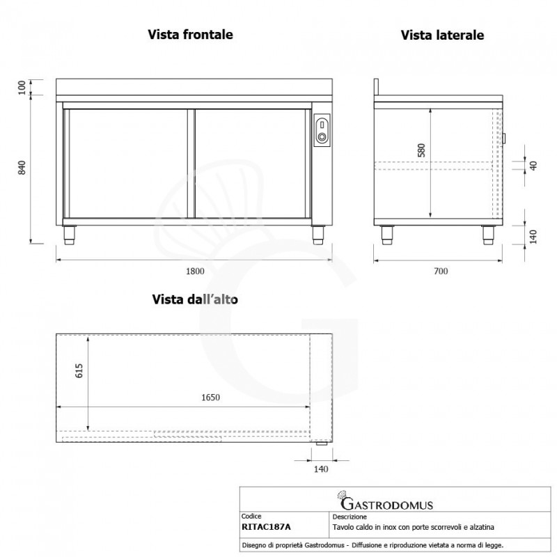 Tavolo caldo in acciaio inox porte scorrevoli, alzatina, L 1800 mm x P 700 mm x H 950 mm