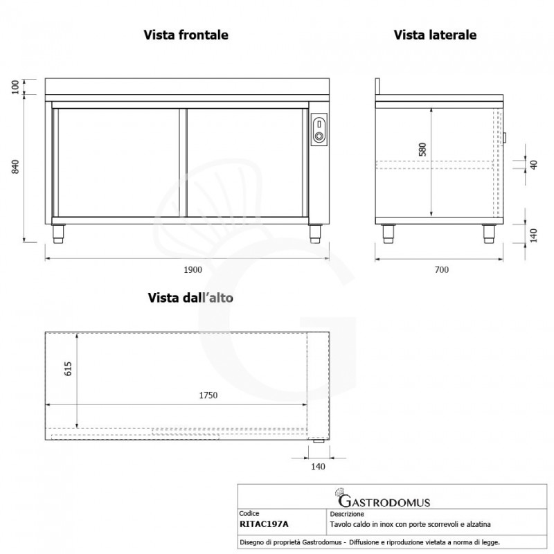 Tavolo caldo in acciaio inox porte scorrevoli, alzatina, L 1900 mm x P 700 mm x H 950 mm