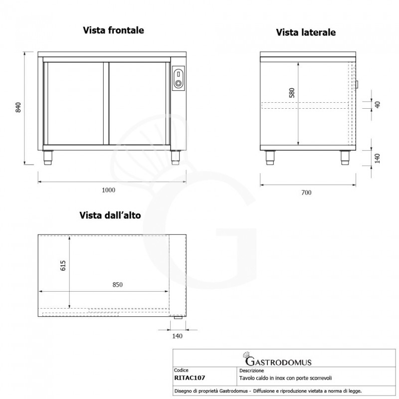 Tavolo caldo in acciaio inox con porte scorrevoli, L 1000 mm x P 700 mm x H 850 mm