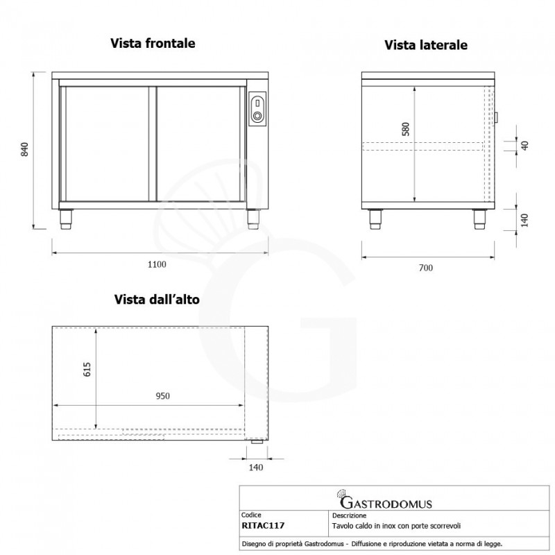 Tavolo caldo in acciaio inox con porte scorrevoli, L 1100 mm x P 700 mm x H 850 mm
