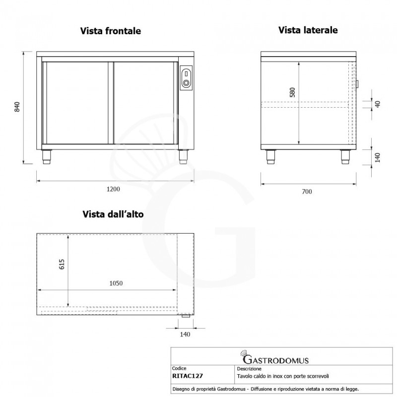 Tavolo caldo in acciaio inox con porte scorrevoli, L 1200 mm x P 700 mm x H 850 mm