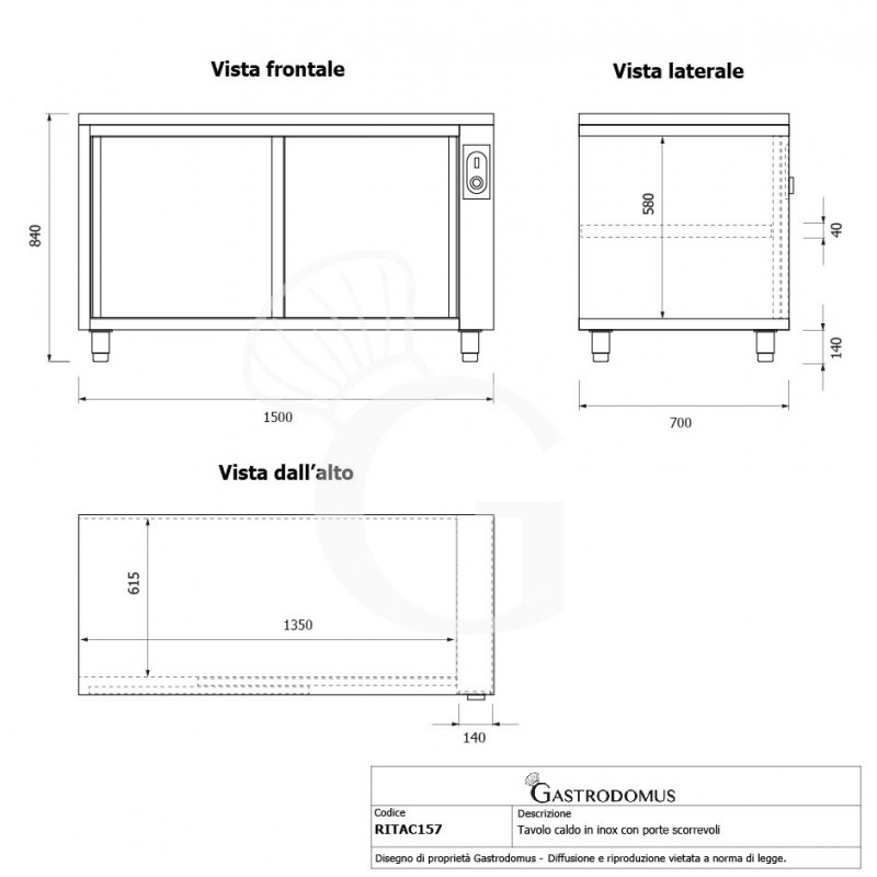 Tavolo caldo in acciaio inox con porte scorrevoli, L 1500 mm x P 700 mm x H 850 mm