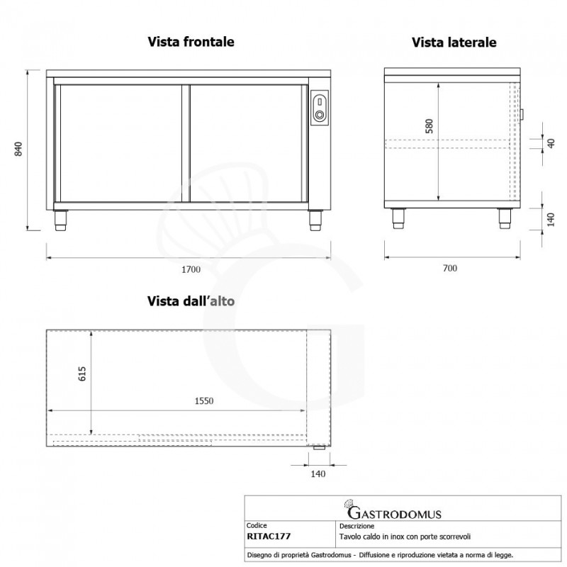 Tavolo caldo in acciaio inox con porte scorrevoli, L 1700 mm x P 700 mm x H 850 mm