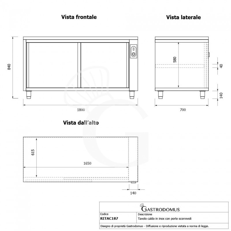 Tavolo caldo in acciaio inox con porte scorrevoli, L 1800 mm x P 700 mm x H 850 mm