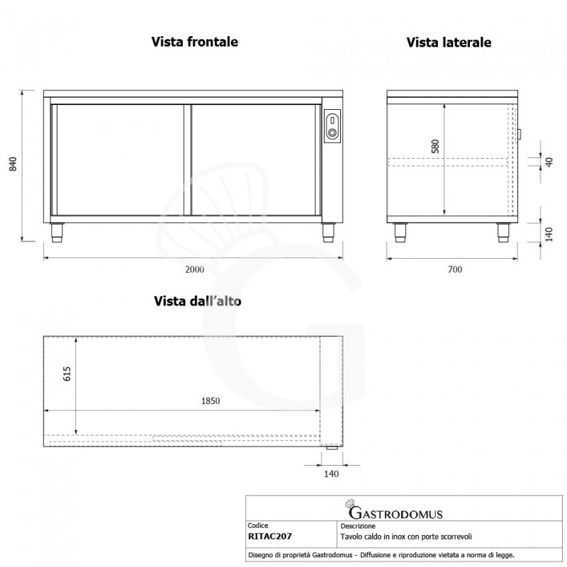 Tavolo caldo in acciaio inox con porte scorrevoli, L 2000 mm x P 700 mm x H 850 mm