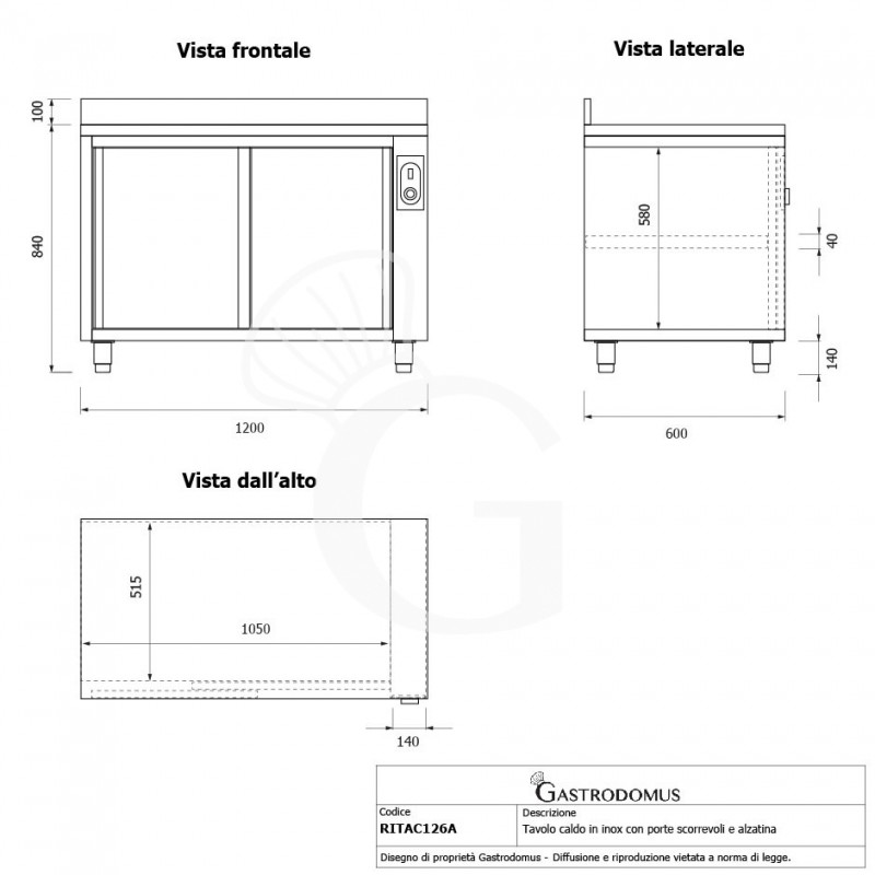 Tavolo caldo in acciaio inox porte scorrevoli, alzatina, L 1200 x P 600 x H 950 mm