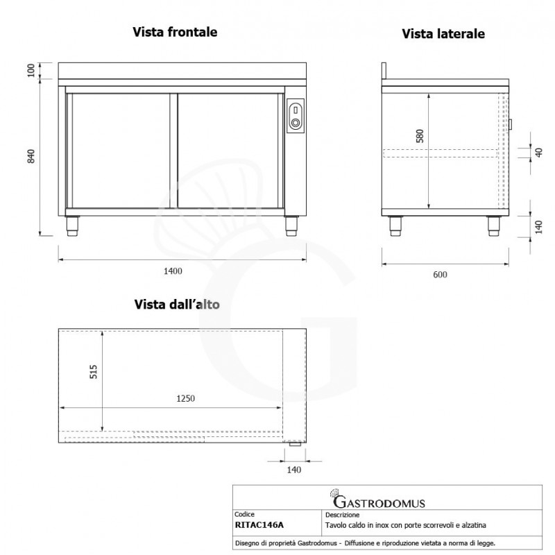 Tavolo caldo in acciaio inox con porte scorrevoli, alzatina L 1400 mm x P 600 mm x H 950 mm