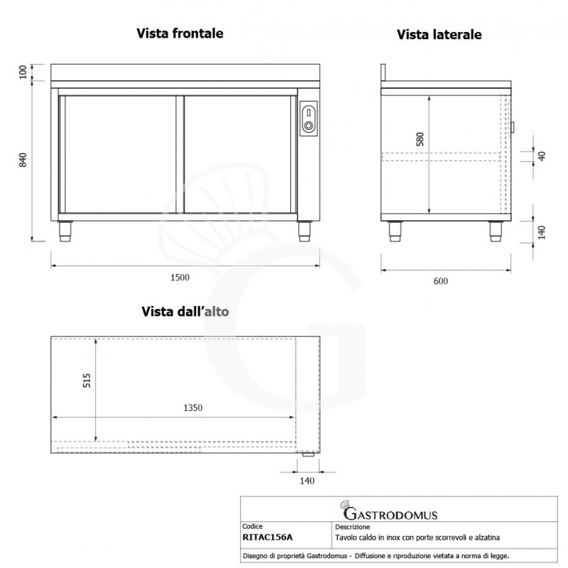 Tavolo caldo in acciaio inox con porte scorrevoli, alzatina L 1500 mm x P 600 mm x H 950 mm