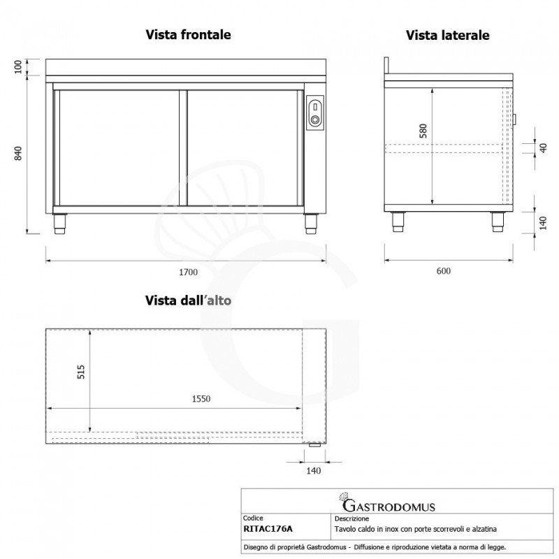 Tavolo caldo in acciaio inox con porte scorrevoli, alzatina L 1700 mm x P 600 mm x H 950 mm