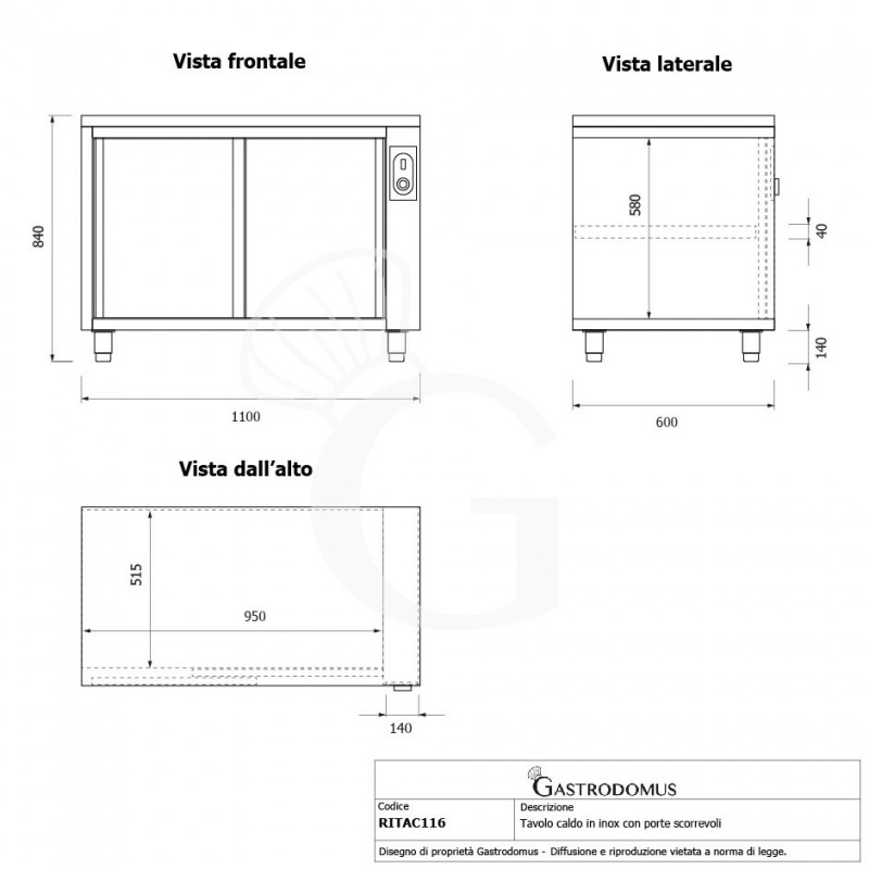 Tavolo caldo in acciaio inox con porte scorrevoli, L 1100 mm x P 600 mm x H 850 mm