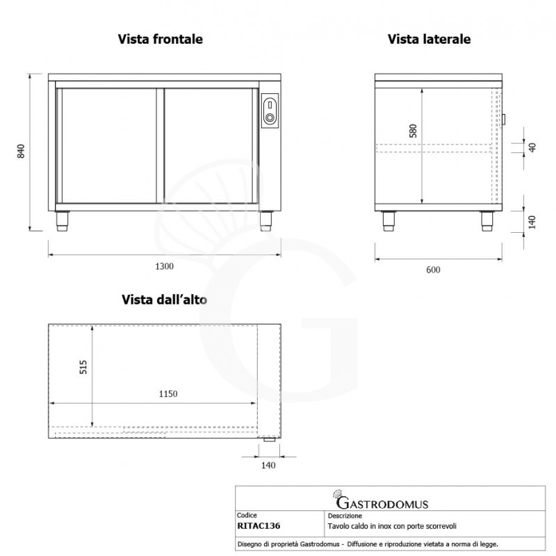 Tavolo caldo in acciaio inox con porte scorrevoli, L 1300 mm x P 600 mm x H 850 mm