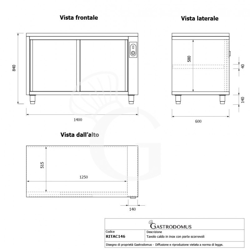 Tavolo caldo in acciaio inox con porte scorrevoli, L 1400 mm x P 600 mm x H 850 mm