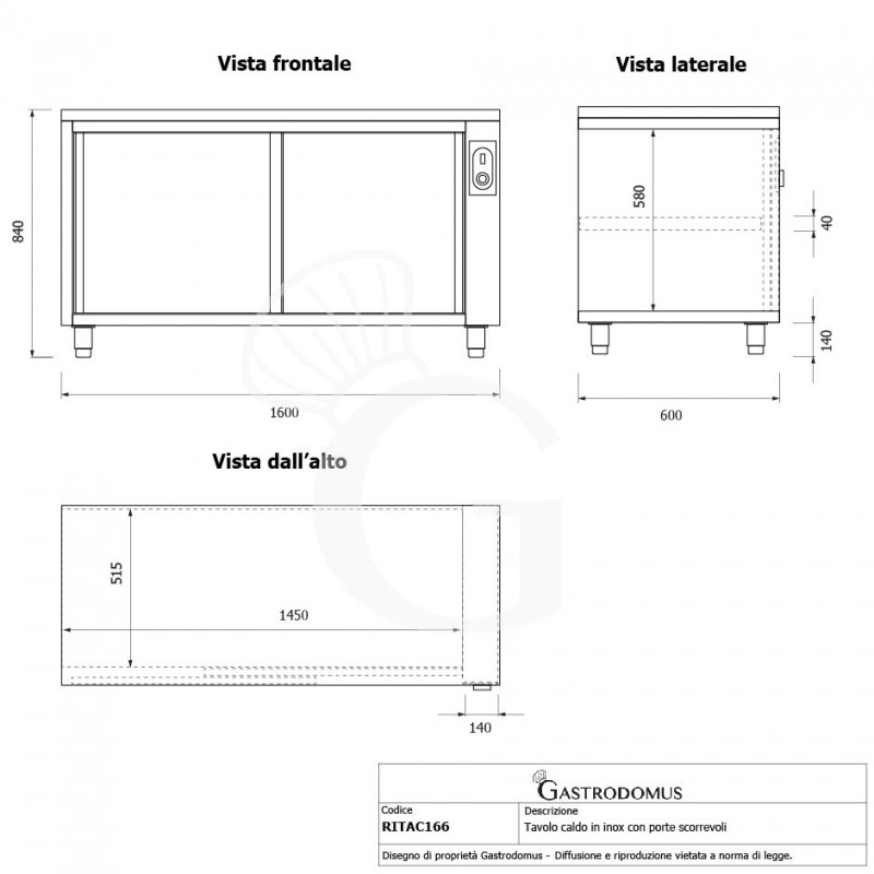 Tavolo caldo in acciaio inox con porte scorrevoli, L 1600 mm x P 600 mm x H 850 mm