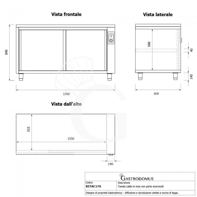 Tavolo caldo in acciaio inox con porte scorrevoli, L 1700 mm x P 600 mm x H 850 mm