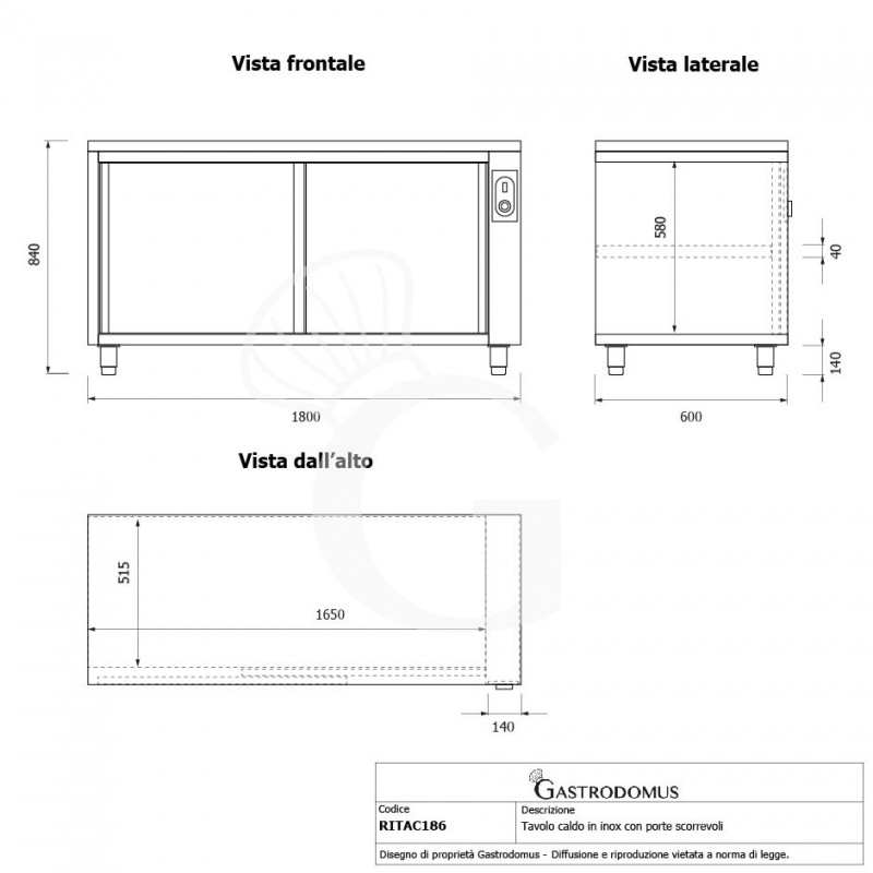 Tavolo caldo in acciaio inox con porte scorrevoli, L 1800 mm x P 600 mm x H 850 mm