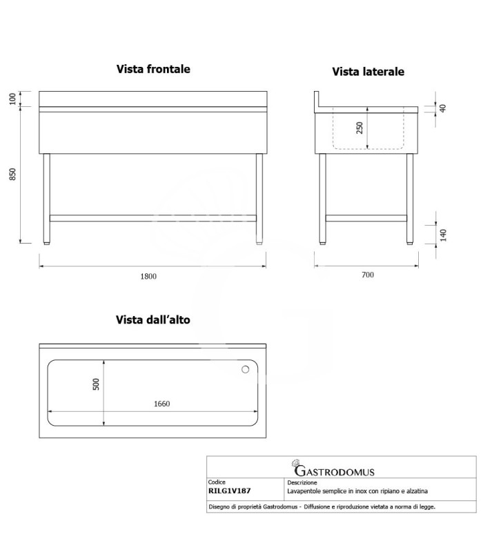 Lavapentole semplice in acciaio inox, 1 ripiano, alzatina, 1 vasca, L 1800 x P 700 x H 950 mm