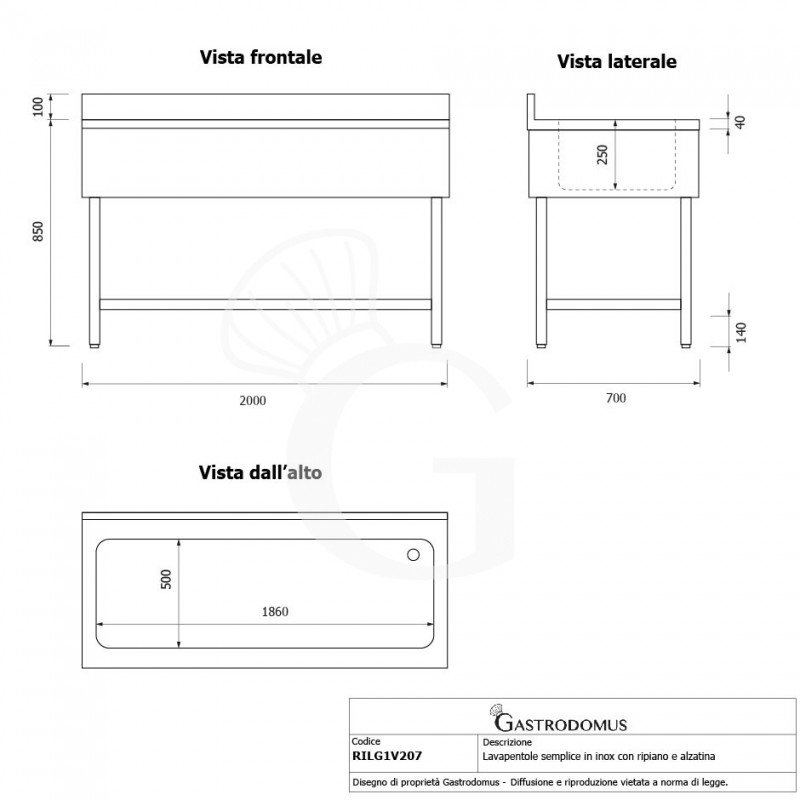 Lavapentole semplice in acciaio inox, 1 ripiano, alzatina, 1 vasca, L 2000 x P 700 x H 950 mm