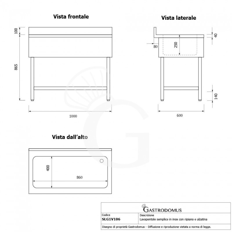 Lavapentole acciaio, 1 ripiano, alzatina, 1 vasca, L 1000 x P 600 x H 965 mm - con foro rubinetto Ø 32 mm