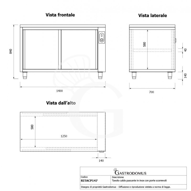 Tavolo caldo passante in acciaio inox con porte scorrevoli, L 1400 mm x P 700 mm x H 850 mm