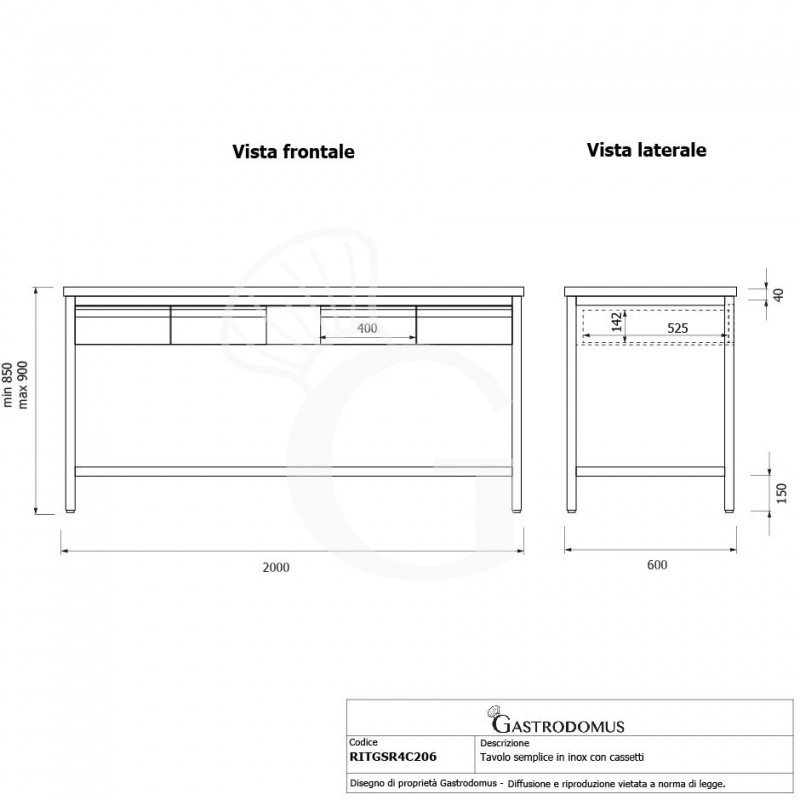 Tavolo inox 4 cassetti L 2000 mm x P 600 mm x H 850 mm
