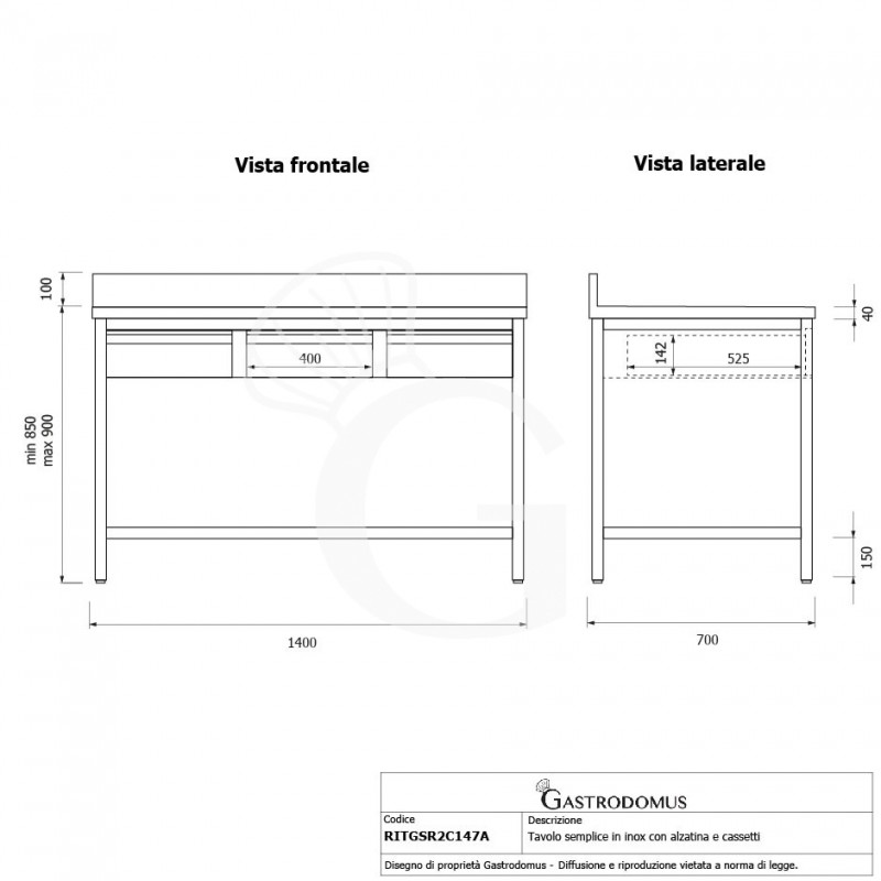Tavolo inox 3 cassetti alzatina L 1400 mm x P 700 mm x H 950 mm
