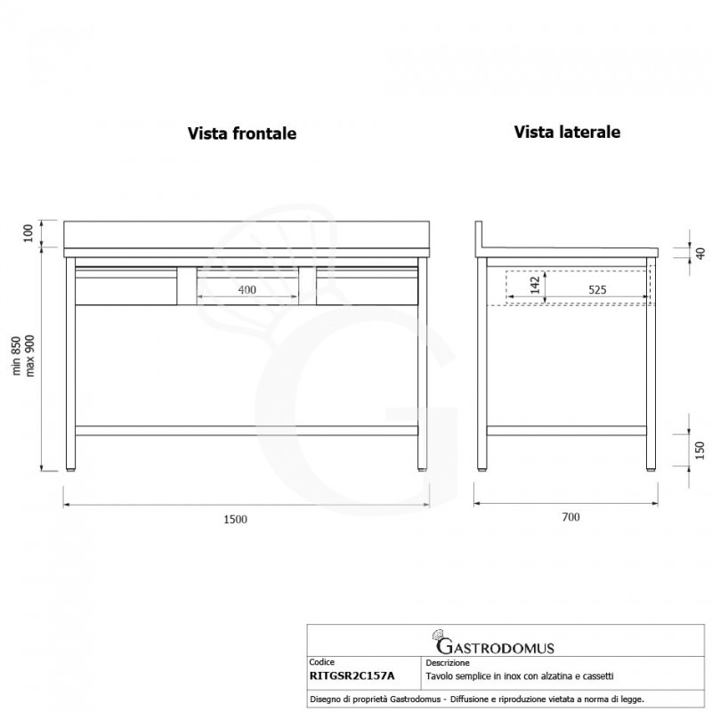 Tavolo inox 3 cassetti alzatina L 1500 mm x P 700 mm x H 950 mm