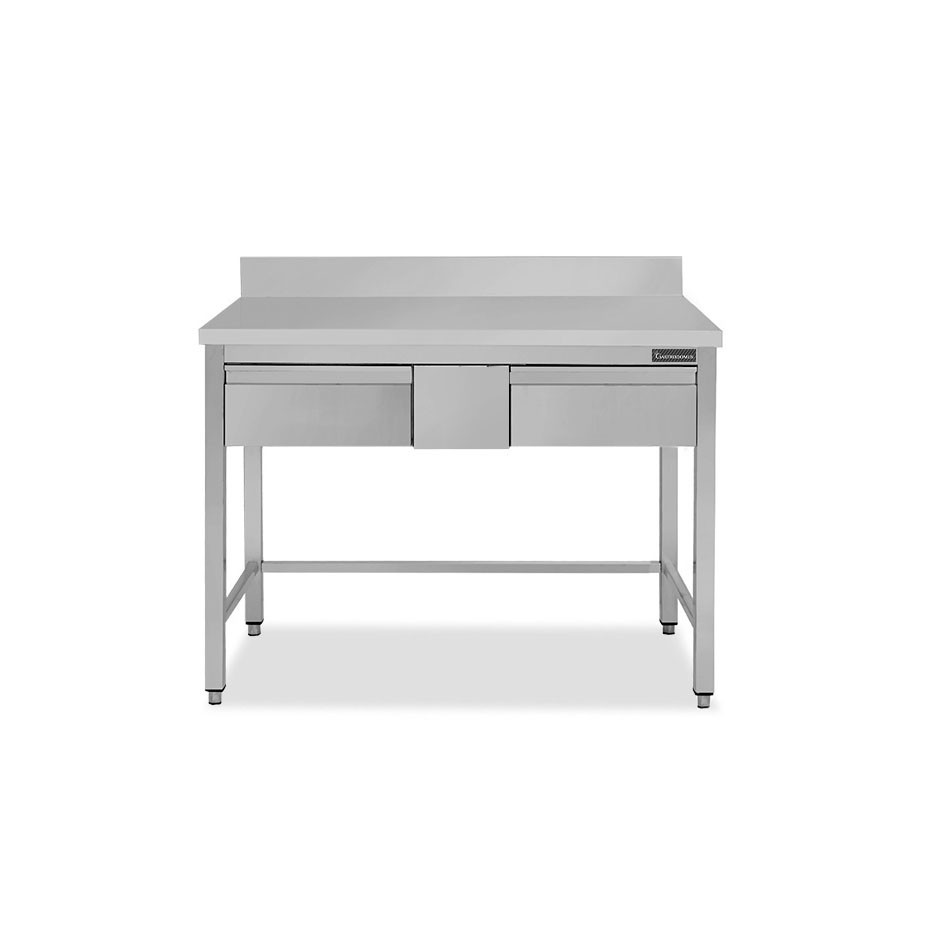 Tavolo inox 2 cassetti alzatina L 1200 mm x P 700 mm x H 950 mm