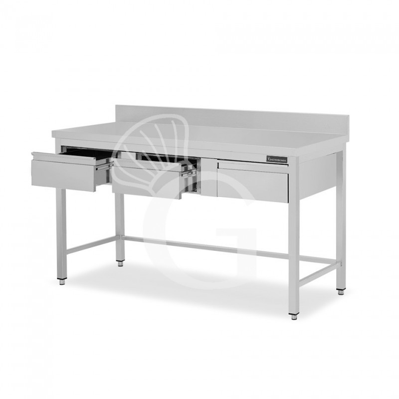 Tavolo inox 3 cassetti alzatina L 1400 mm x P 700 mm x H 950 mm