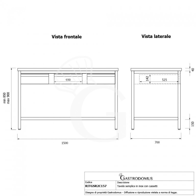 Tavolo inox 3 cassetti L 1500 mm x P 700 mm x H 850 mm