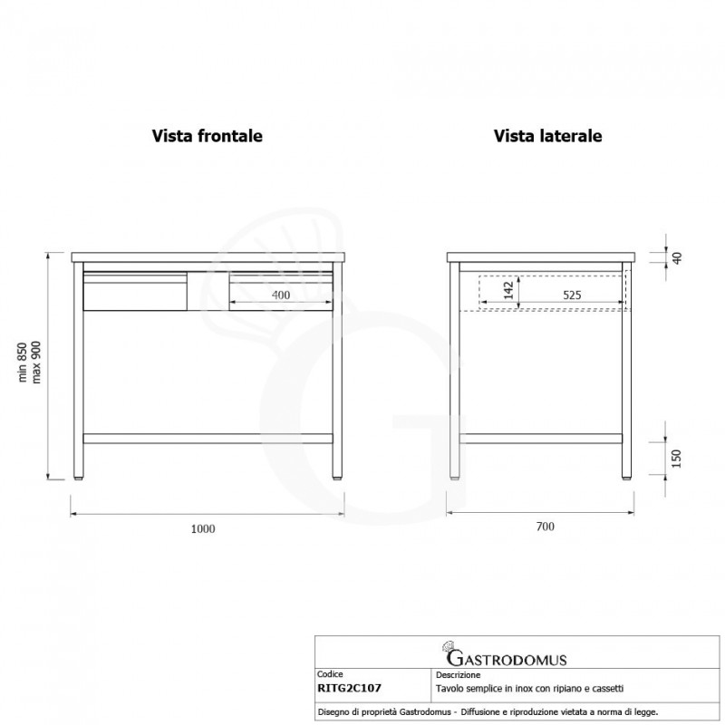Tavolo inox ripiano 2 cassetti L 1000 mm x P 700 mm x H 850 mm