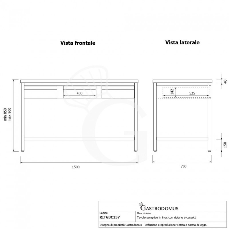 Tavolo inox ripiano 3 cassetti L 1500 mm x P 700 mm x H 850 mm