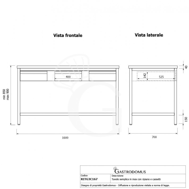 Tavolo inox ripiano 3 cassetti L 1600 mm x P 700 mm x H 850 mm