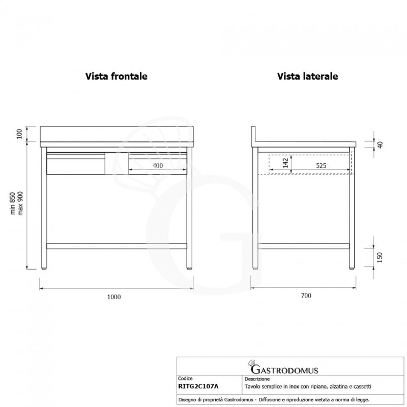Tavolo inox ripiano alzatina 2 cassetti L 1000 mm x P 700 mm x H 950 mm